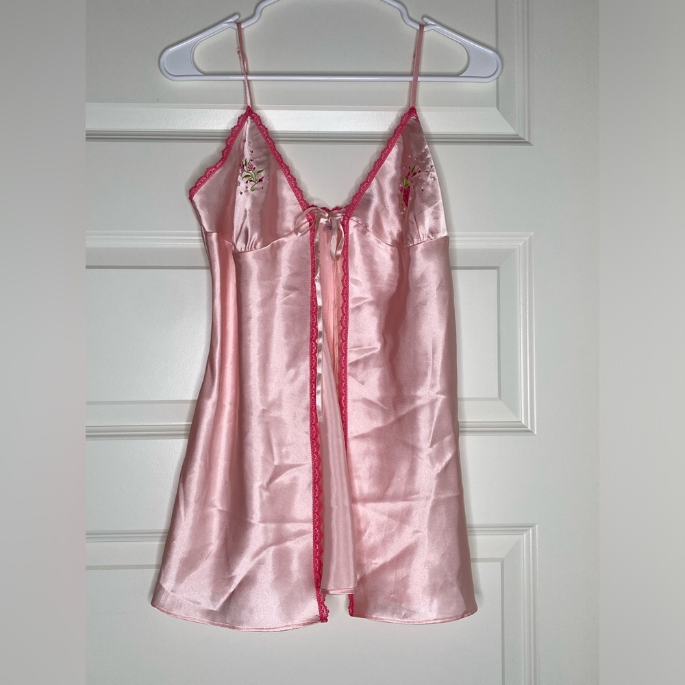 Y2k RARE 2002 Victoria's Secret Pink Satin Top with Hot Pink Lace Trim